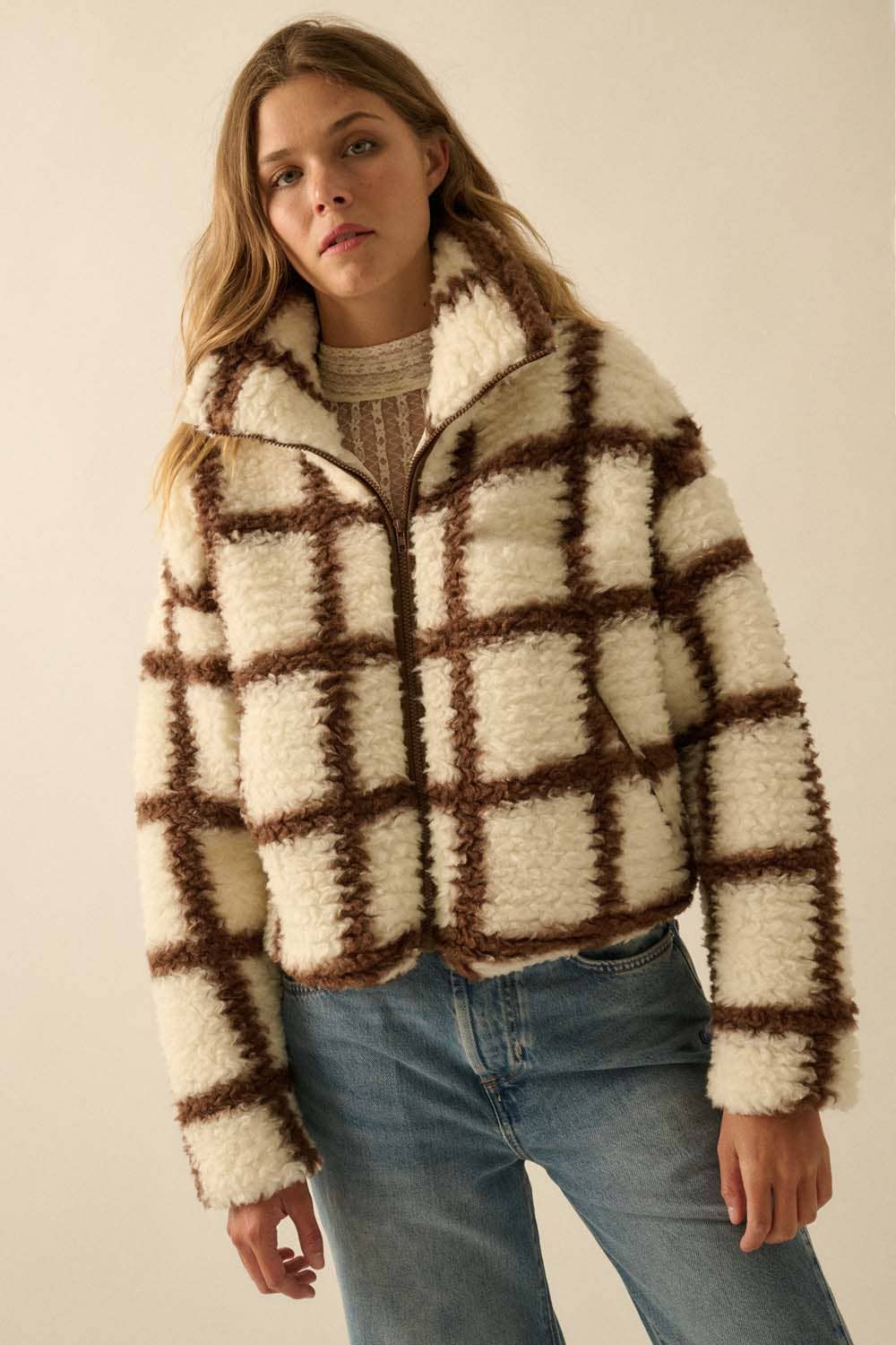 Check-Print Fleece Zip-Up Pocket Jacket: Cream-Black / L