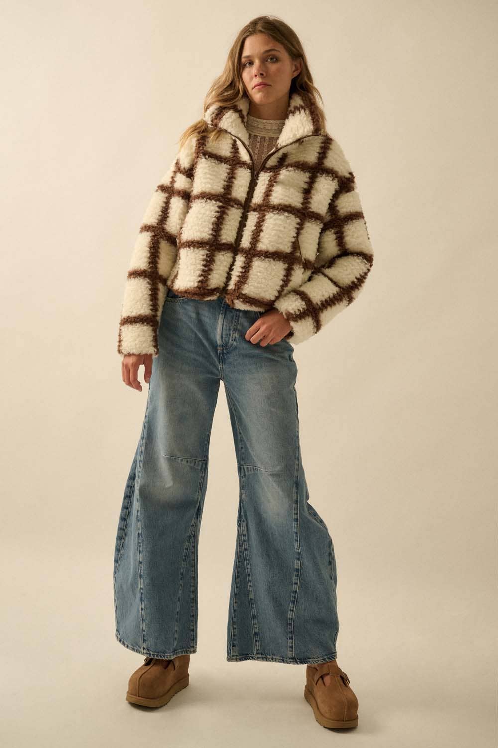 Check-Print Fleece Zip-Up Pocket Jacket: Cream-Black / L