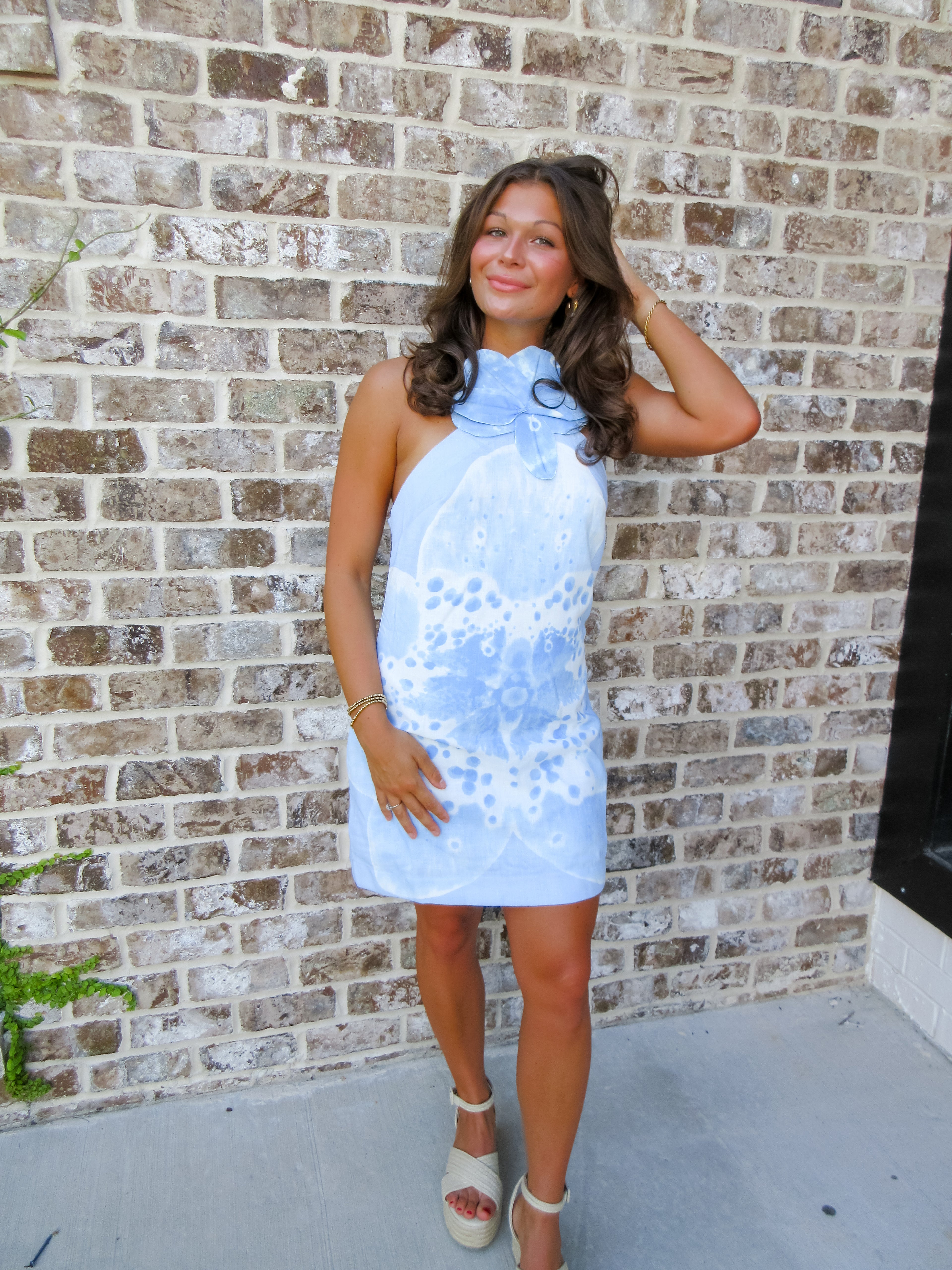 Rose Accent Mini Dress - Light Blue