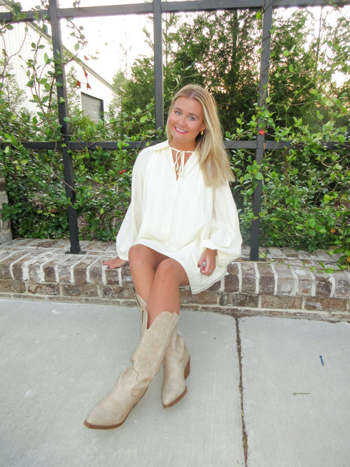 Amelia Textured Balloon Sleeve Mini Dress