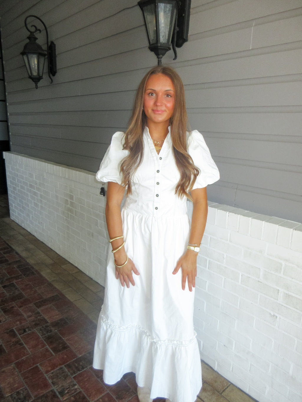 Ava Button Down Smocked Waist Puff Sleeve Midi Dress