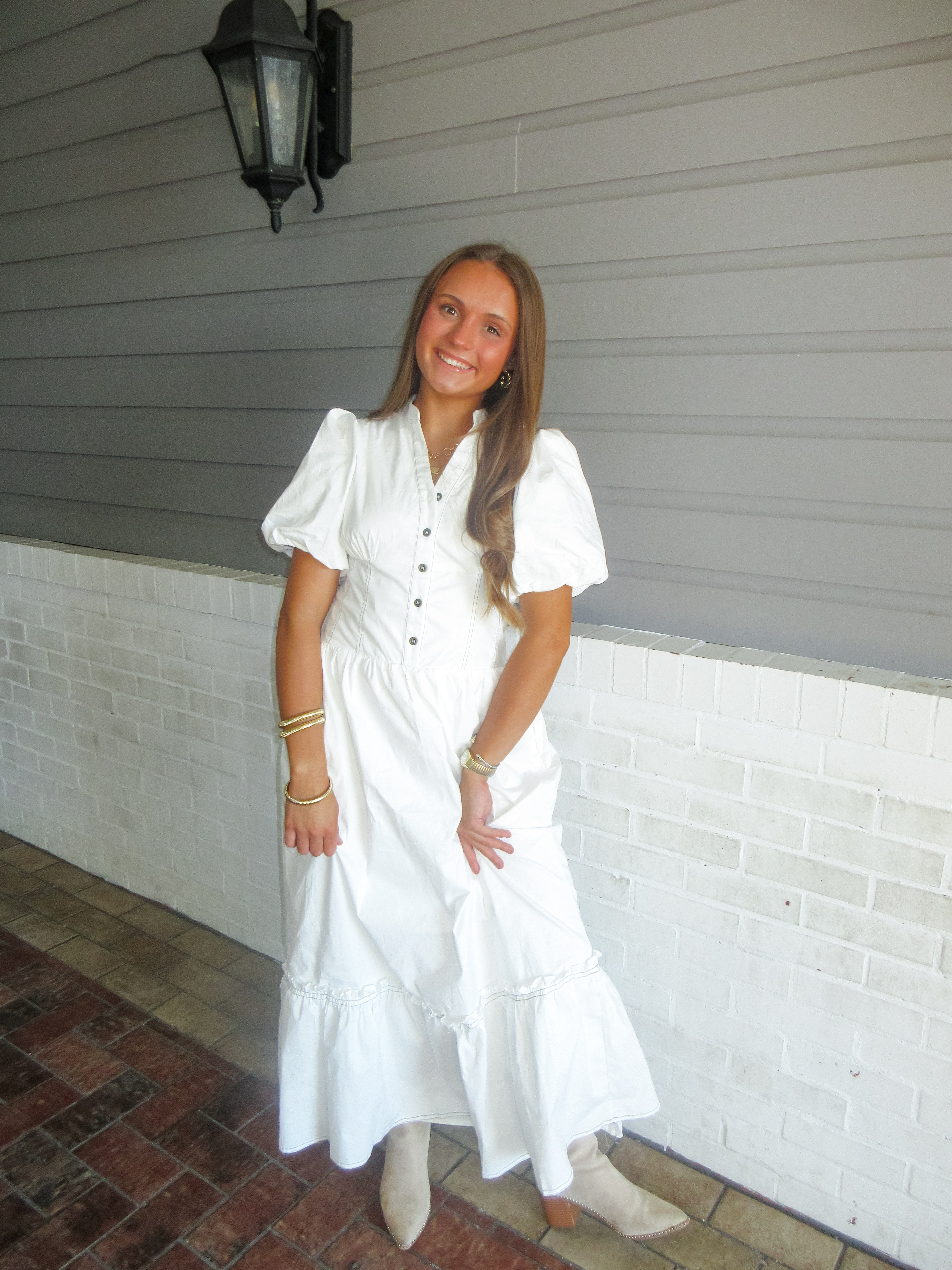 Ava Button Down Smocked Waist Puff Sleeve Midi Dress