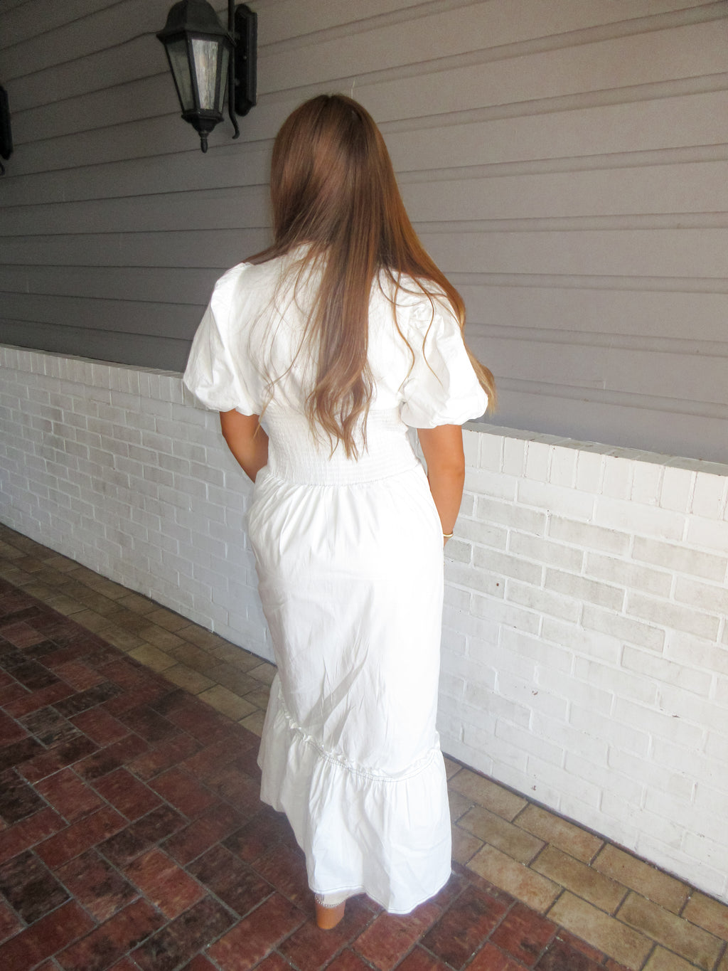 Ava Button Down Smocked Waist Puff Sleeve Midi Dress