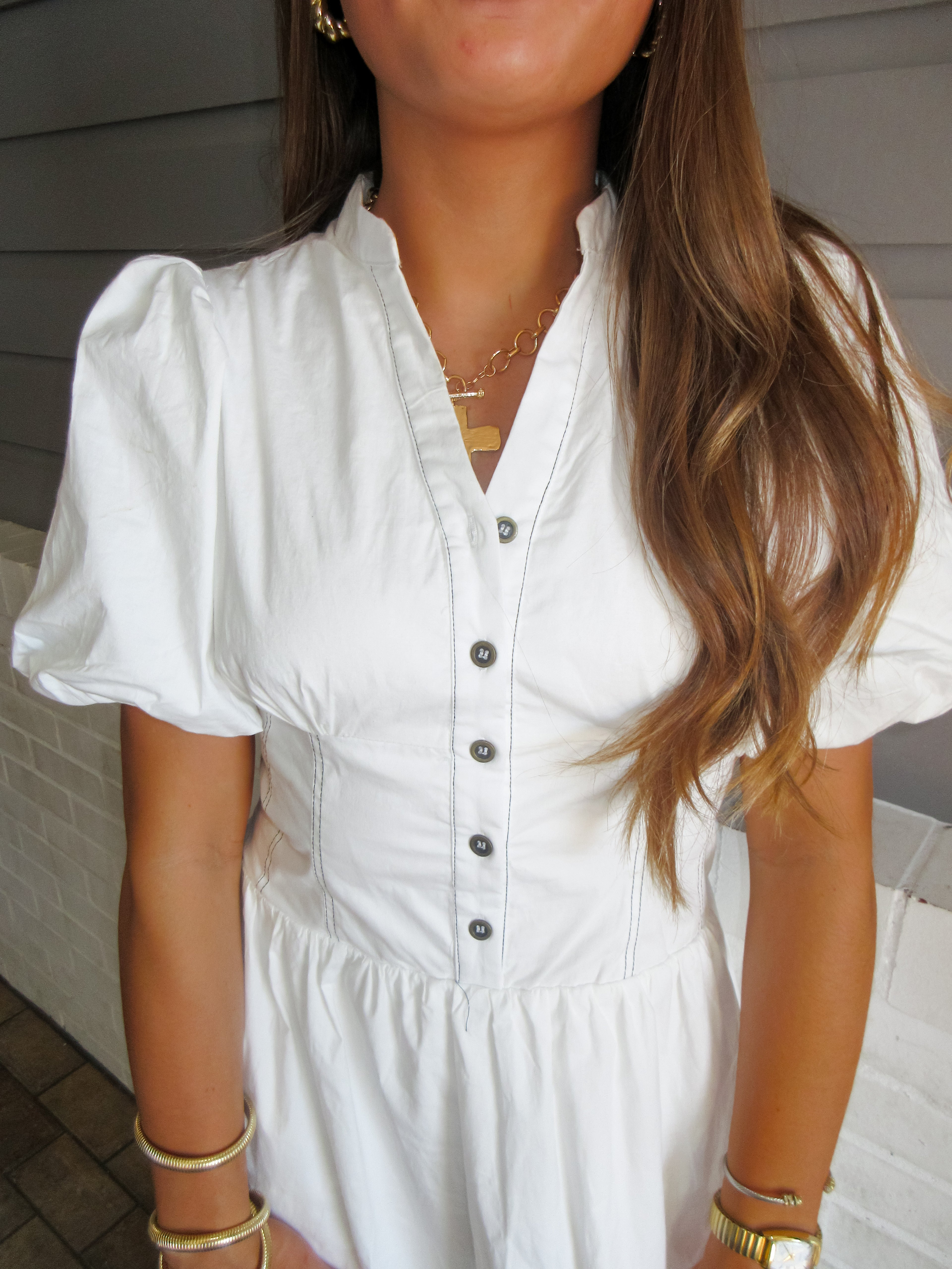 Ava Button Down Smocked Waist Puff Sleeve Midi Dress