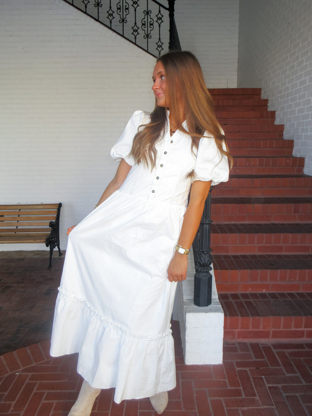 Ava Button Down Smocked Waist Puff Sleeve Midi Dress